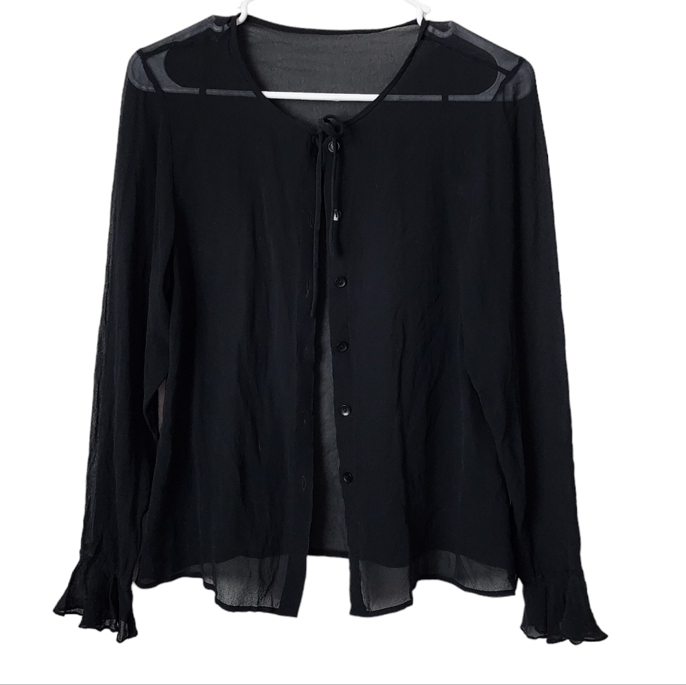 VINTAGE sheer button up‎ ruffle sleeve see thru top in black